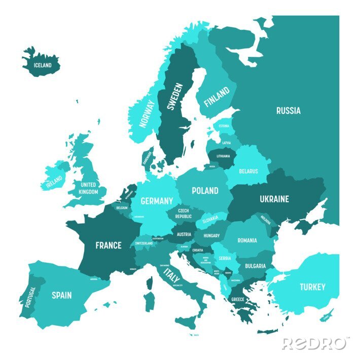 Poster  Carte politique du continent Europe en quatre nuances de bleu turquoise avec des étiquettes de nom de pays blanc et isolé sur fond blanc. Illustration vectorielle