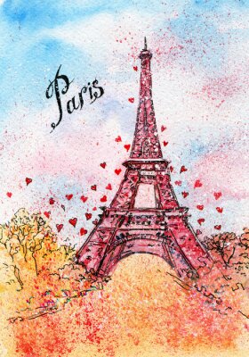Poster  Carte postale ancienne. Illustration d'aquarelle. Paris, France, Tour Eiffel