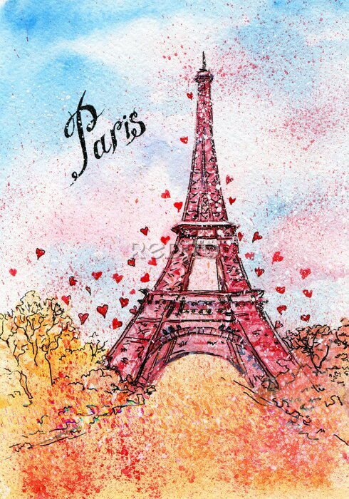 Poster  Carte postale ancienne. Illustration d'aquarelle. Paris, France, Tour Eiffel
