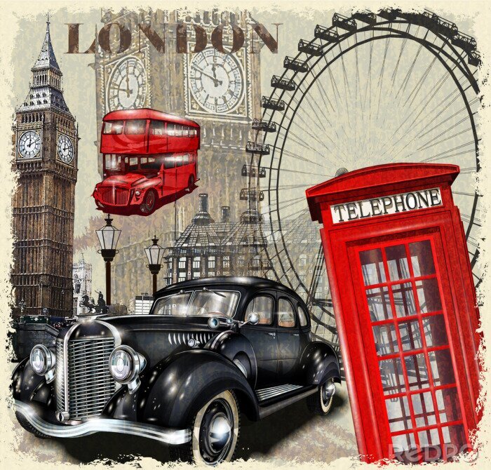 Poster  Carte postale de Londres avec voiture rétro