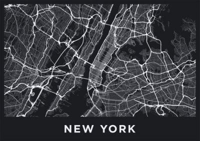 Carte sombre de la ville de New York. Carte routière de New York (États-Unis). Illustration noir et blanc (sombre) des rues de new york. Réseau de transport de la Big Apple. Format affiche imprimable 