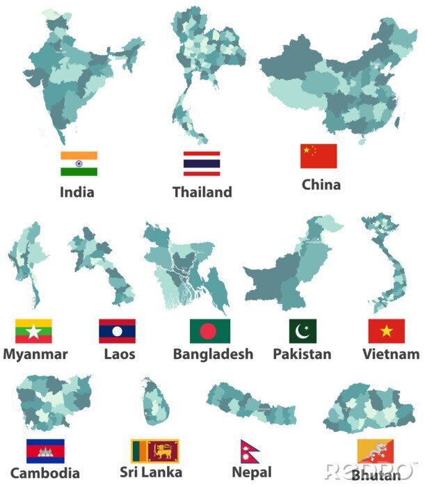 Poster  cartes vectorielles détaillées et drapeaux des pays d'Asie de l'Est avec divisions administratives (régions frontières)