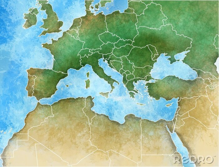 Poster  Cartina disegnata a mano del Mediterraneo, Europe, Afrique et Moyen Orient