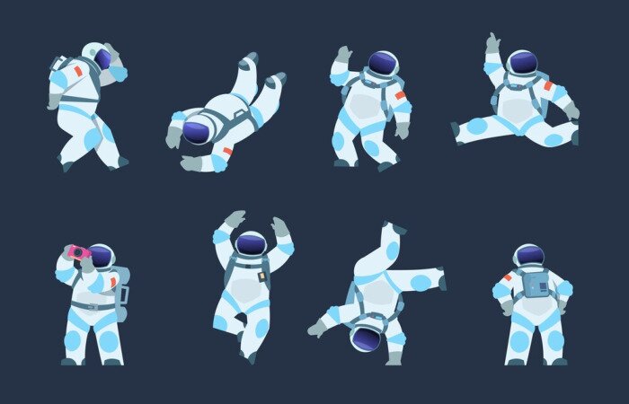 Poster  Cartoon astronaut. Dancing party cosmonaut, retro disco spaceman, comic space dancer. Vector comics astronaut illustration in different poses