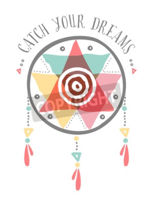 Poster  Catch vos rêves illustration boho, dreamcatcher tribal natif américain avec des formes colorées et des éléments spirituels. EPS10 vecteur.