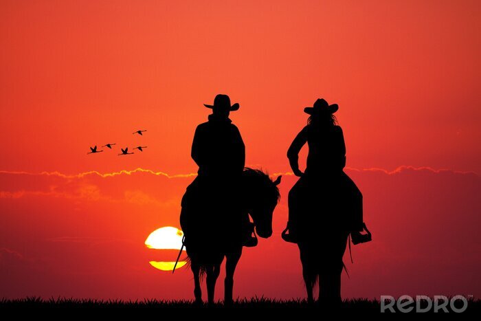 Poster  Cavaliers à cheval au coucher du soleil