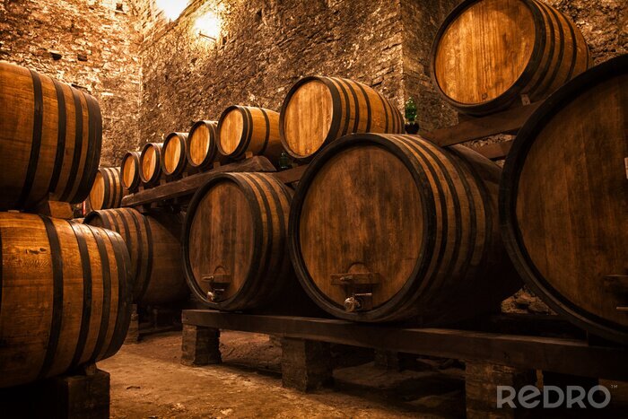 Poster  Cave remplie de tonneaux de vin en bois