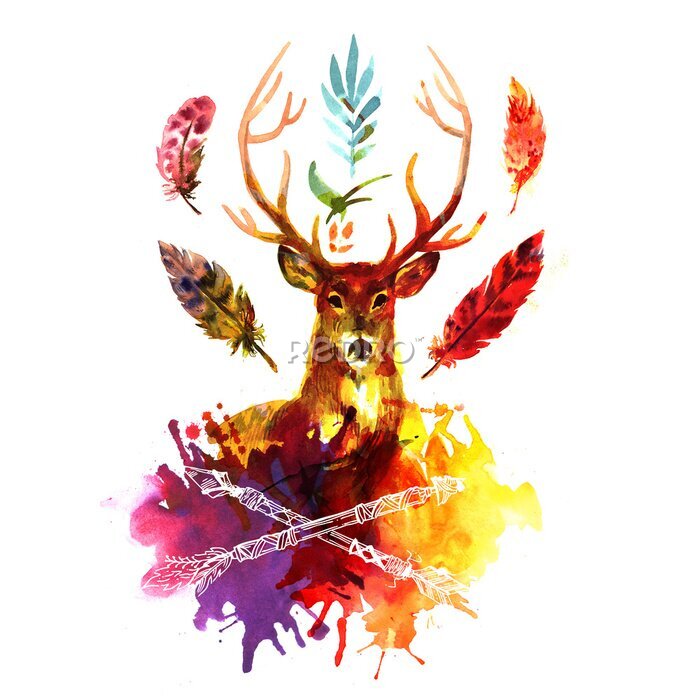 Poster  Cerf aquarellé sur fond blanc