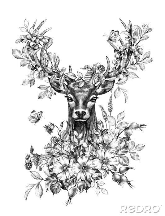 Poster  Cerf noir et blanc et fleurs