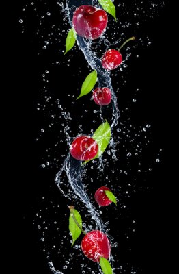 Poster  Cerises et feuilles baignant dans l'eau