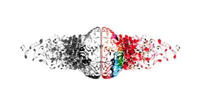 Cerveau humain coloré avec des notes de musique isolée vector illustration design. Affiche du festival de musique artistique, concert, conception de notes de musique créatives
