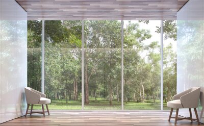 Chambre vide espace moderne avec vue sur la nature image de rendu 3d.La chambre a un sol en bois, Il y a une grande fenêtre donnant sur la nature