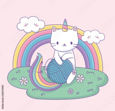 Poster  Chat-licorne et arc-en-ciel