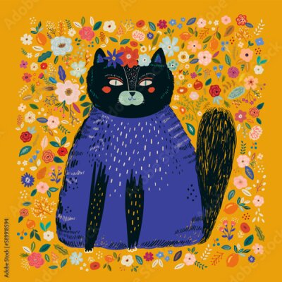 Poster  Chat noir parmi les fleurs colorées