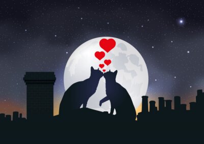 Poster  Chats amoureux sur fond de lune