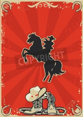 Poster  Cheval et cow-boy sur fond rouge