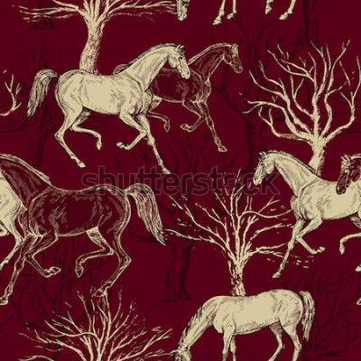 Poster  Chevaux blancs sur fond rouge