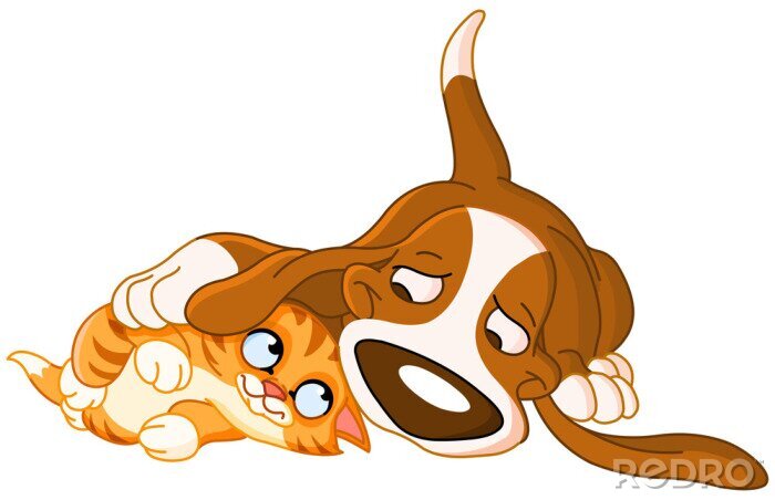 Poster  Chien aux longues oreilles étreignant un petit chaton roux