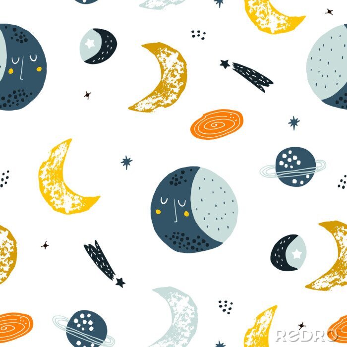 Poster  Childish seamless pattern with hand drawn space elements space, moon, star, planet, galaxy. Trendy kids vector background.