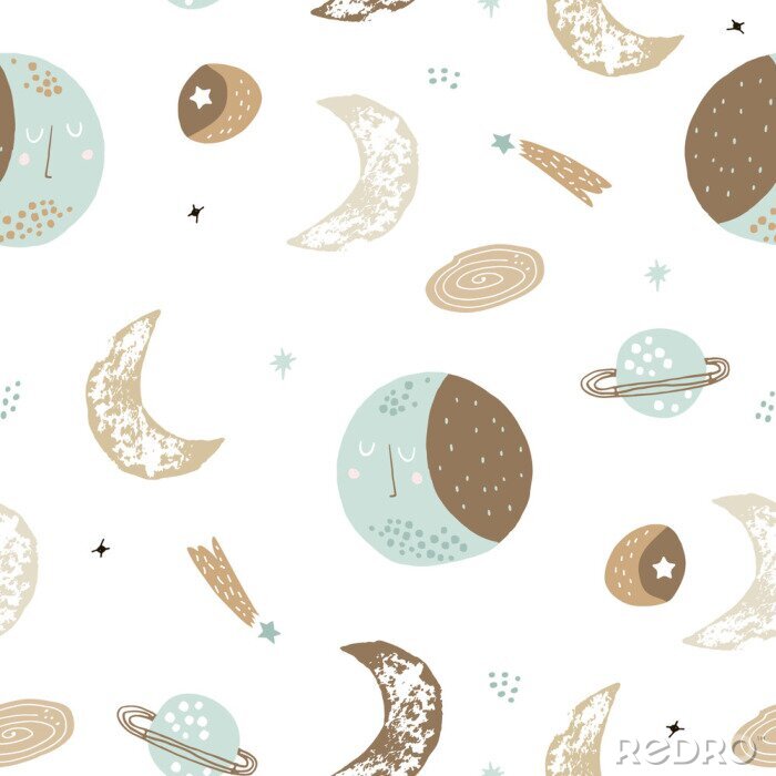 Poster  Childish seamless pattern with hand drawn space elements space, moon, star, planet, galaxy. Trendy kids vector background.