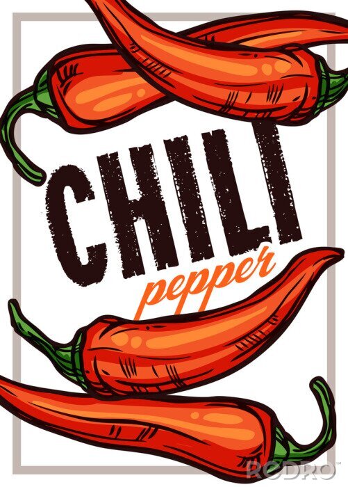 Poster  Chili pepper color vector illustration. Hand drawn poster or card with vegetables. Sketch food design