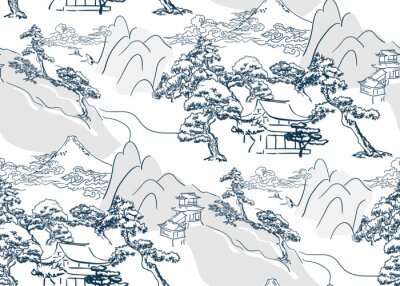 Papier peint à motif  chinese lanscape japanese vector pattern oriental mountais seamless