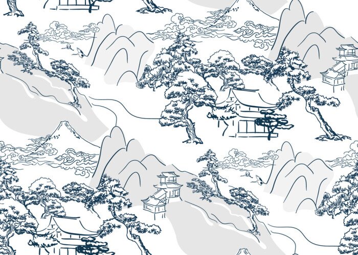 Poster  chinese lanscape japanese vector pattern oriental mountais seamless