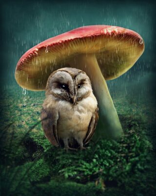Poster  Chouette chevêche sous le champignon