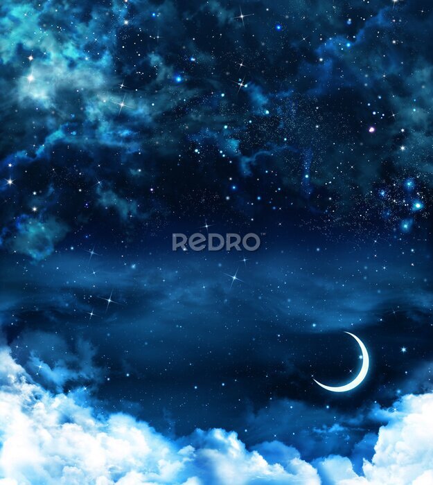 Poster  Ciel nocturne avec croissant de lune et étoiles