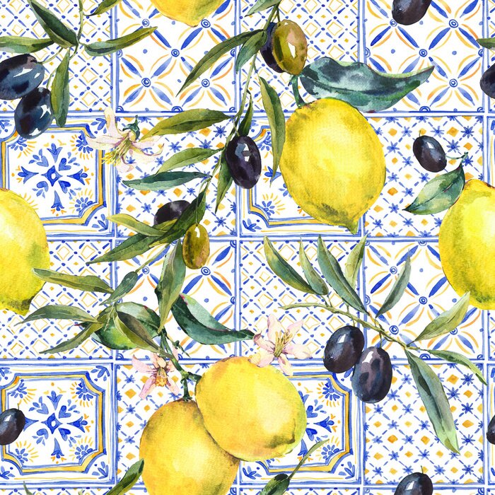 Poster  Citrons sur fond de carreaux bleus