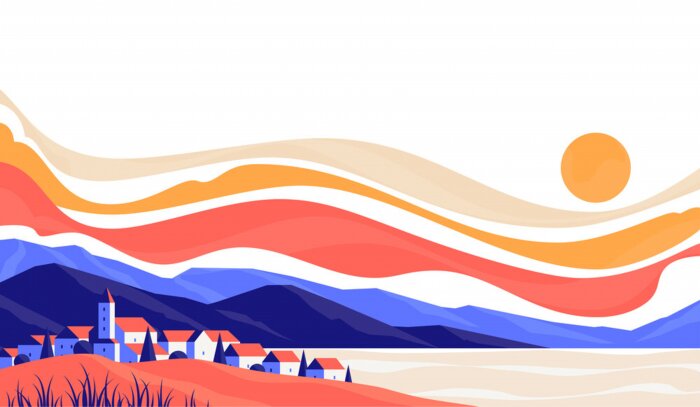 Poster  City landscape of cute small buildings on background of rocky mountains at sunrise