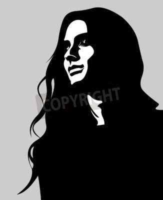 Poster  Clip art, bas, clef, portrait, pensif, long, cheveux, femme, regarder, haut. Facile editable illustration vectorielle en couches.