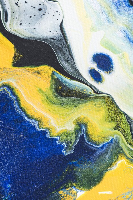 Poster  close up of abstract texture with yellow and blue oil paint