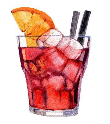 Poster  Cocktail with ice and orange isolated on white background, watercolor illustration