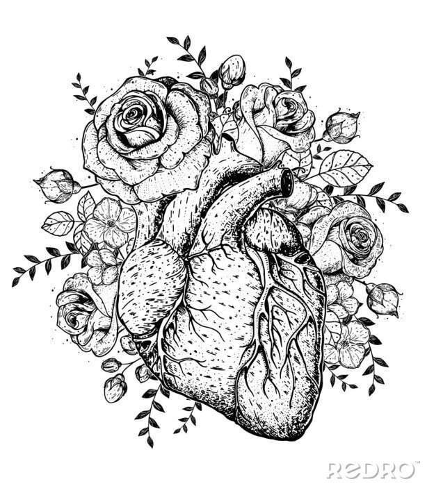Poster  Coeur noir et blanc couvert de roses