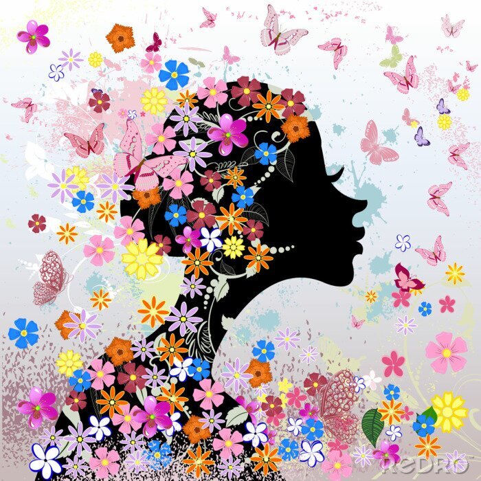 Poster  Coiffure florale, fille et le papillon