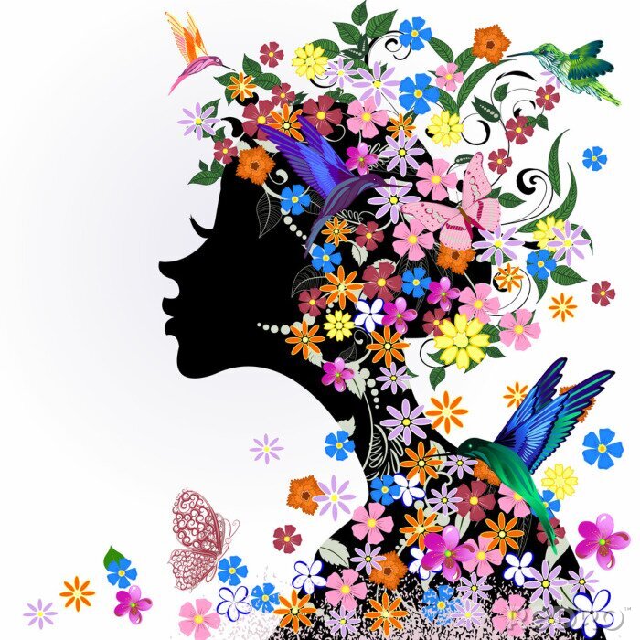 Poster  Coiffure florale, fille et le papillon oiseau