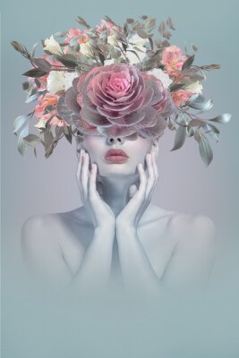Poster  Collage abstrait d'une femme avec des fleurs