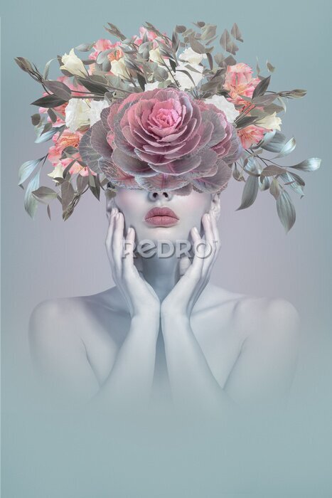Poster  Collage abstrait d'une femme avec des fleurs
