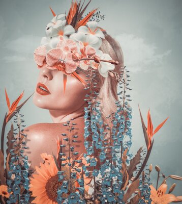 Collage magnifique d'une femme avec des fleurs