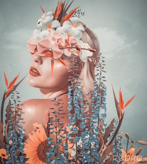 Poster  Collage magnifique d'une femme avec des fleurs
