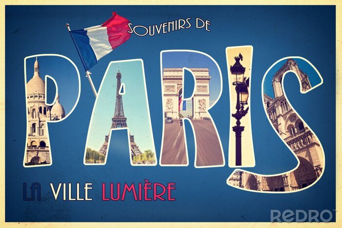Poster  Collage souvenirs de Paris, la Ville Lumière style rétro carte postale, Process millésime