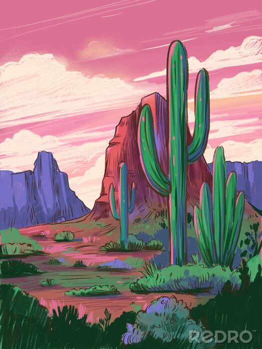 Poster  Color sketch of the desert of America with cacti. Arizona desert. Prairie landscape. Hand drawn illustration