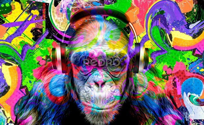 Poster  Colorful artistic monkey in eyeglasses with colorful paint splatters on white background