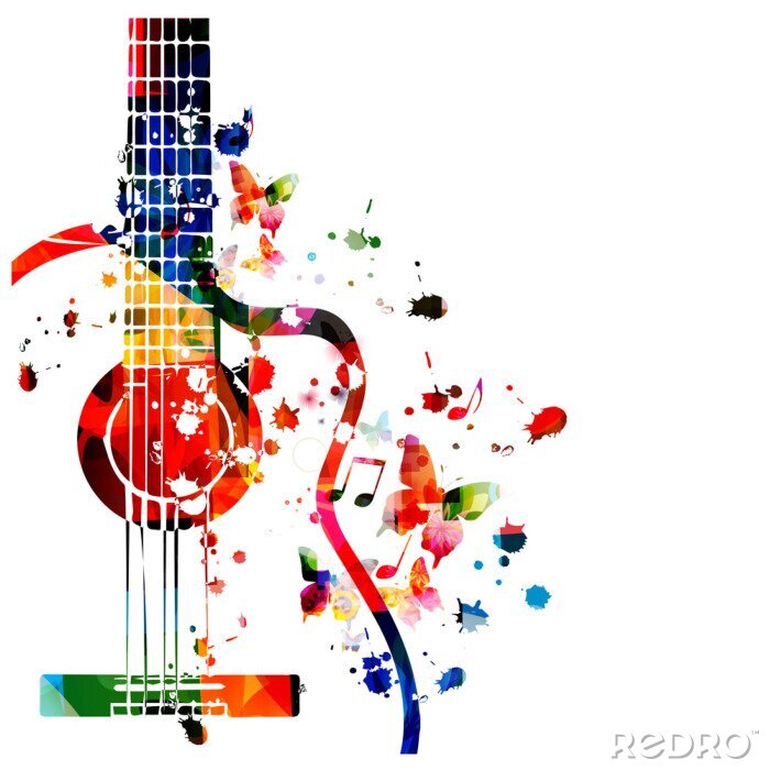 Poster  Colorful guitar with music notes isolated vector illustration design. Music background. Music instrument poster with music notes, festival poster, live concert events, party flyer