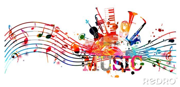 Poster  Colorful music promotional poster with music instruments and notes isolated vector illustration. Artistic abstract background for live concert events, music show and festival, party flyer design