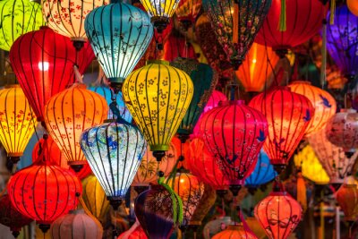 Colorful traditional Chinese lantern or light lamp to decorate street at night, there are famous things of Hoi An - the heritage ancient city of Vietnam.