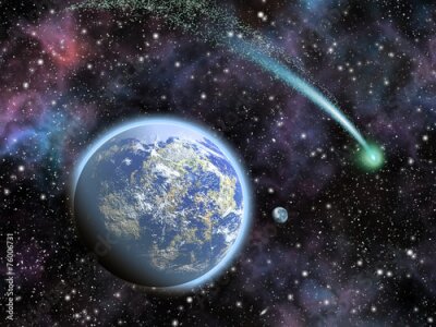 Comète passant au-dessus de la Terre et de la Lune