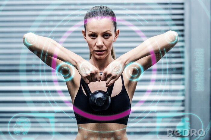 Poster  Composite, image, musculaire, femme, levage, kettlebells