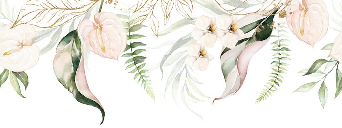 Poster  Composition avec des feuilles et des fleurs tropicales